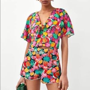 zara trf fruit print denim set
